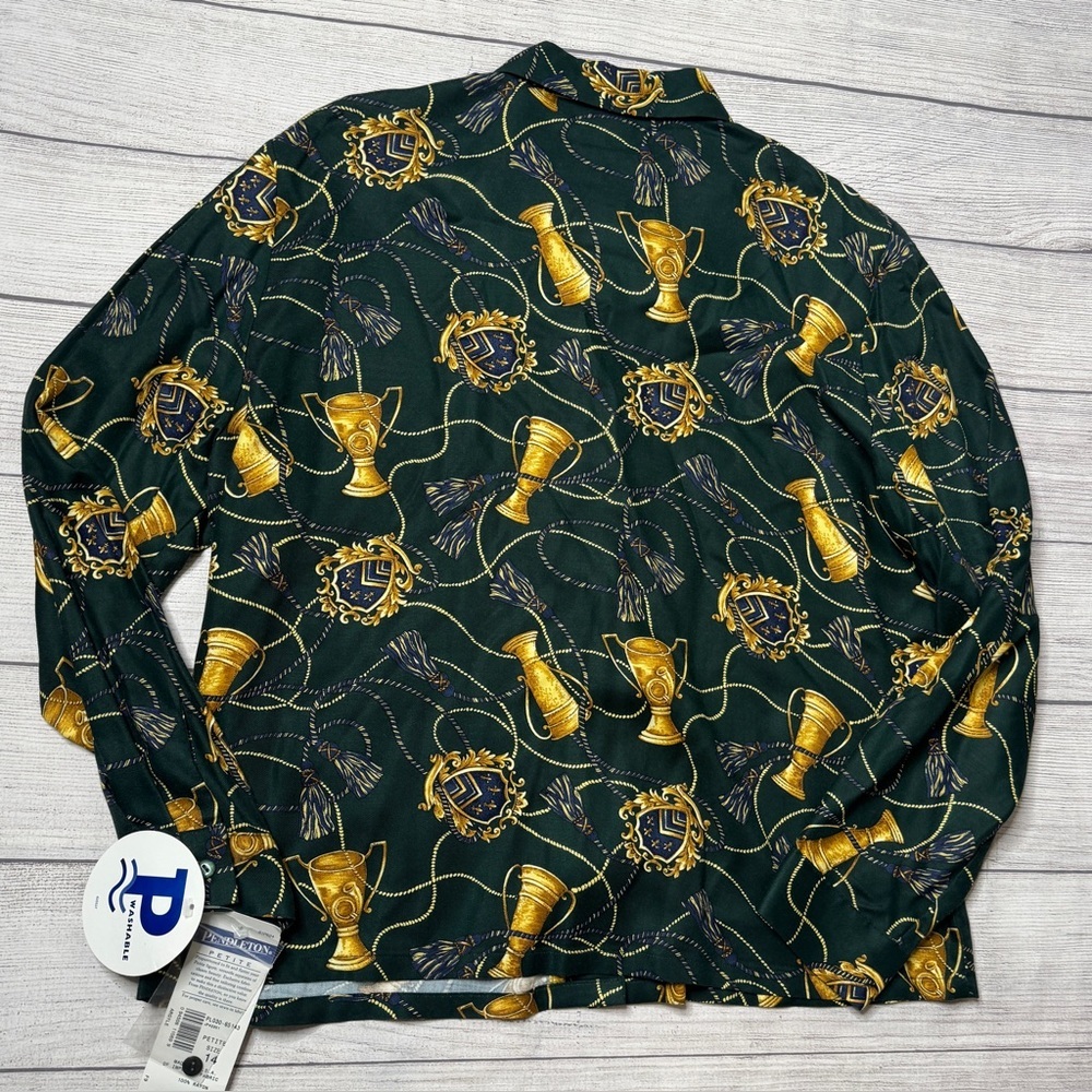 Pendleton Vintage Women’s Rayon Green Gold Equestrian Blouse Size 14 Petite NWT‎